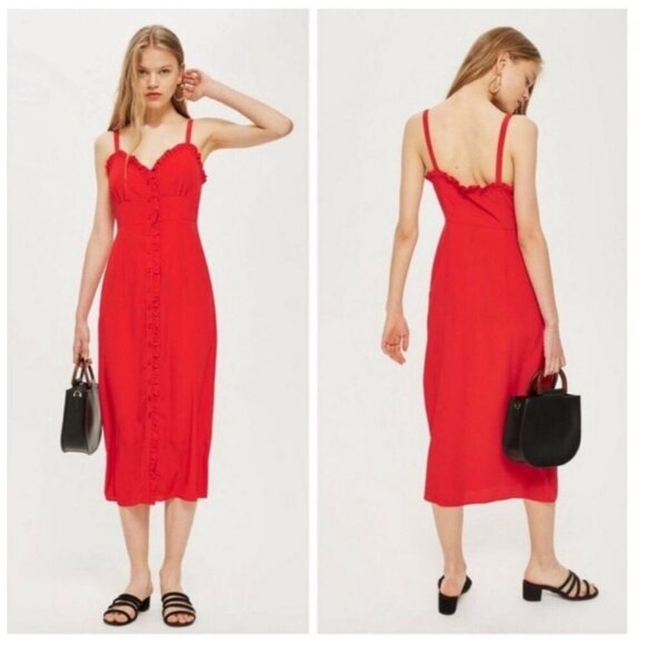 TopShop Red Button Down Ruffle Trim Dress Travel Vacation Womens Sz 2 NWOT - Picture 1 of 8